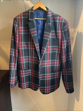 Simon’s Men’s 42L Tartan Plaid Sport Coat Blazer Red Green